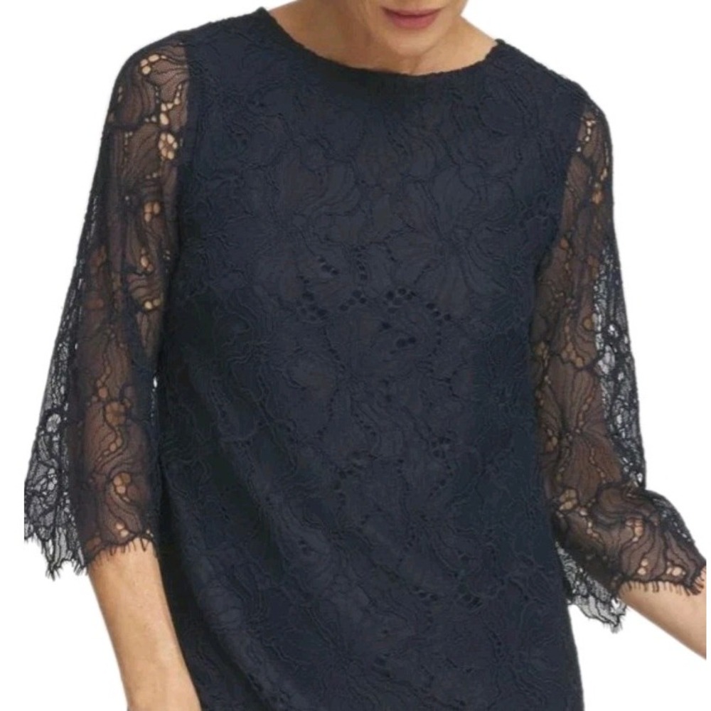 Chicos 4 Shift‎ Dress Womens Sz 20 Blue Lace Overlay 3/4 Bell Sleeve Back Zipper